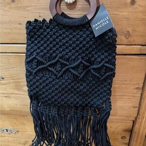Danielle Nicole Black Macramé Fringe Tote with Wooden Handles